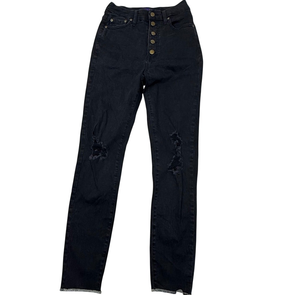 Casual Designs Womens High Rise Skinny Jeans Black Distressed Button Fly Size 1